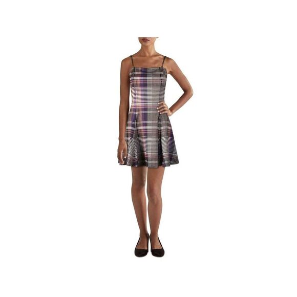 AQUA Dresses & Skirts - AQUA Womens Purple Tartan Plaid Spaghetti Strap Short Fit + Flare Dress Size: S